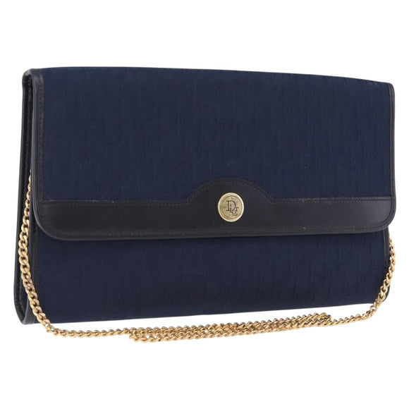 Christian Dior Trotter Canvas Chain Shoulder Bag Navy Gold Auth 193861