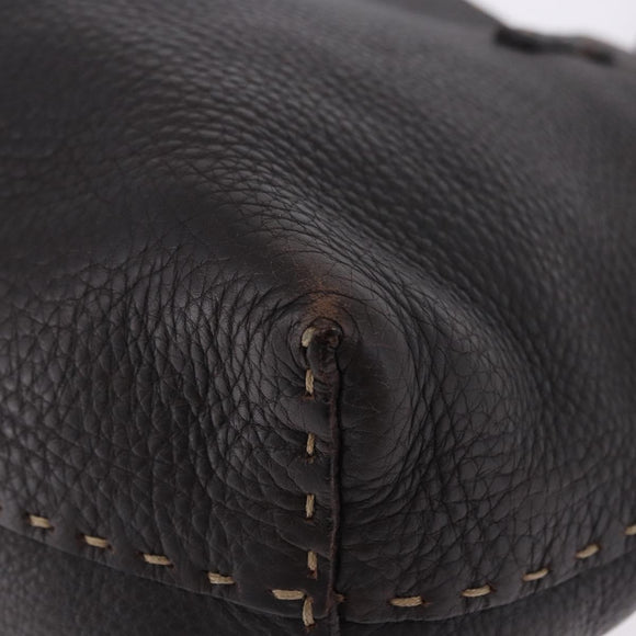 FENDI Celeria Tote Bag Leather Dark Brown Silver Auth 193863