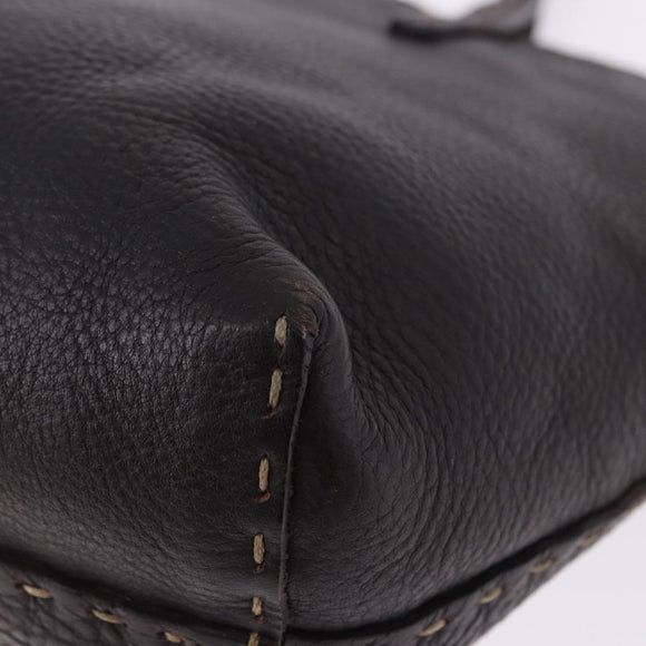 FENDI Celeria Tote Bag Leather Dark Brown Silver Auth 193863