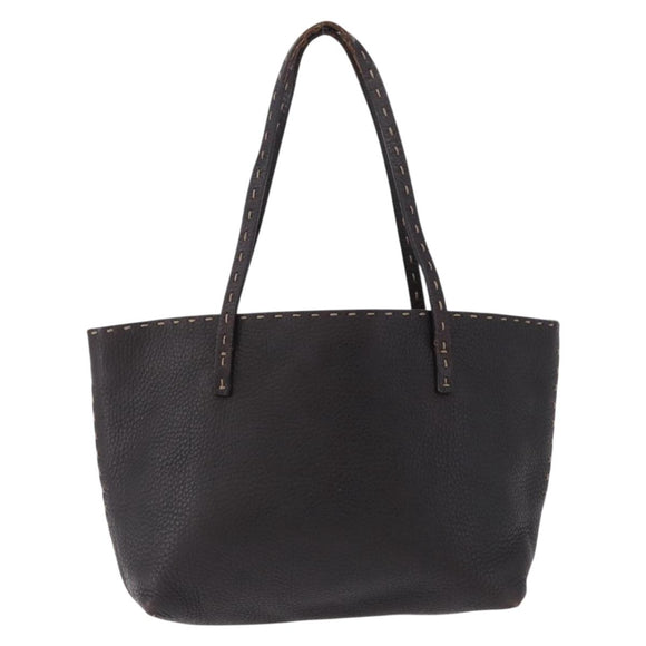 FENDI Celeria Tote Bag Leather Dark Brown Silver Auth 193863