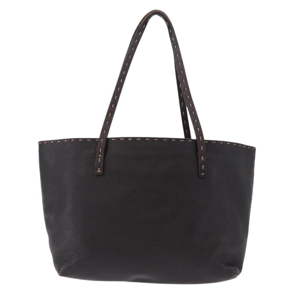 FENDI Celeria Tote Bag Leather Dark Brown Silver Auth 193863