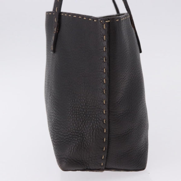 FENDI Celeria Tote Bag Leather Dark Brown Silver Auth 193863