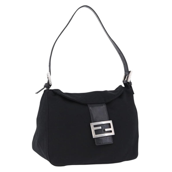 FENDI Mamma Baguette Shoulder Bag Cotton jersey Black Silver Auth 193880