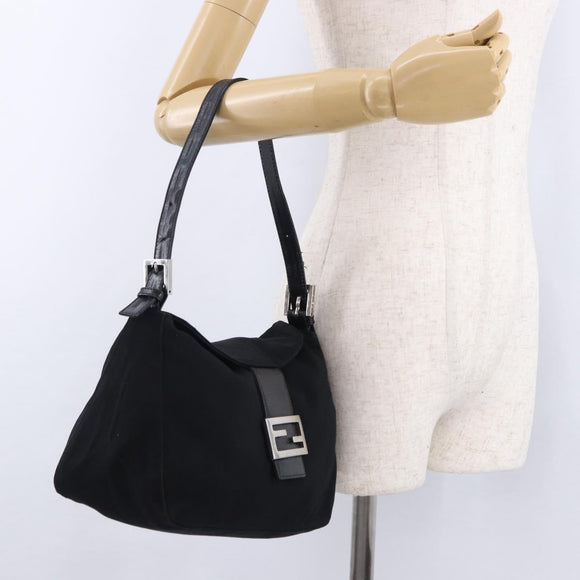 FENDI Mamma Baguette Shoulder Bag Cotton jersey Black Silver Auth 193880