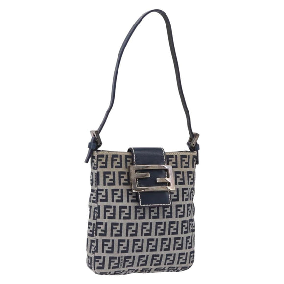 FENDI Zucchino Canvas Hand Pouch Mamma Baguette Navy Silver Auth 193893A