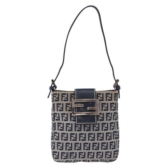 FENDI Zucchino Canvas Hand Pouch Mamma Baguette Navy Silver Auth 193893A