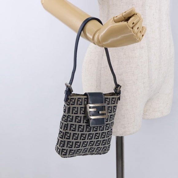 FENDI Zucchino Canvas Hand Pouch Mamma Baguette Navy Silver Auth 193893A