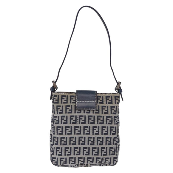 FENDI Zucchino Canvas Hand Pouch Mamma Baguette Navy Silver Auth 193893A
