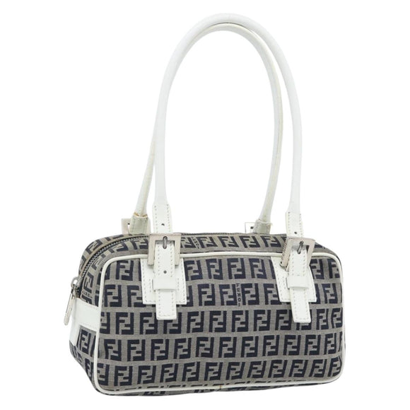 FENDI Zucchino Canvas Hand Bag Navy Silver Auth 193898A