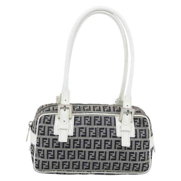 FENDI Zucchino Canvas Hand Bag Navy Silver Auth 193898A