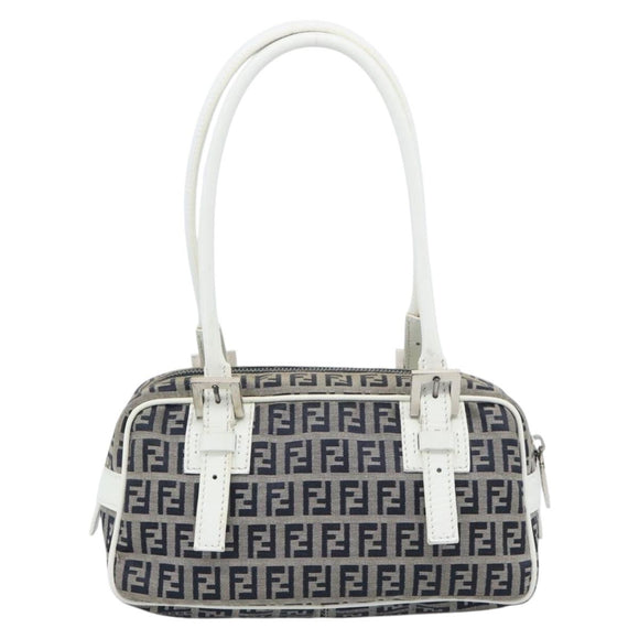 FENDI Zucchino Canvas Hand Bag Navy Silver Auth 193898A