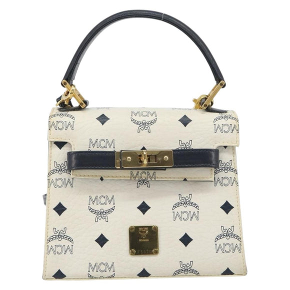 MCM Vicetos Logogram Hand Bag PVC Leather 2way White Gold Auth 193908