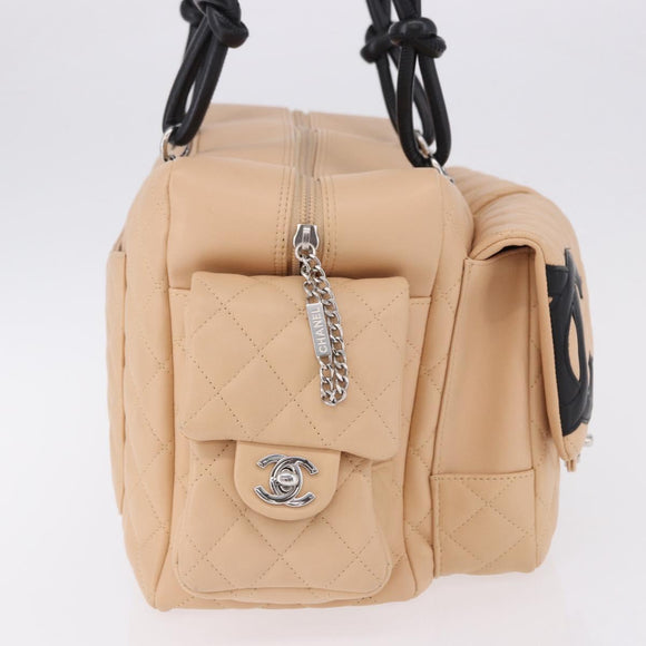 CHANEL Cambon Line Matelasse Boston Bag Leather Pink Silver CC Auth 193910SAV