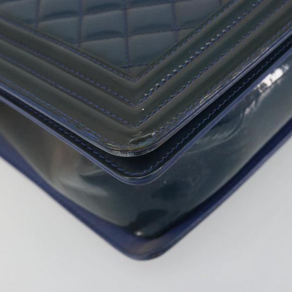 CHANEL Matelasse Boy Chanel Chain Bag Patent Leather Blue Silver CC Auth 193914