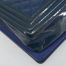 CHANEL Matelasse Boy Chanel Chain Bag Patent Leather Blue Silver CC Auth 193914-13