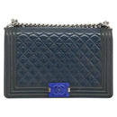 CHANEL Matelasse Boy Chanel Chain Bag Patent Leather Blue Silver CC Auth 193914-2