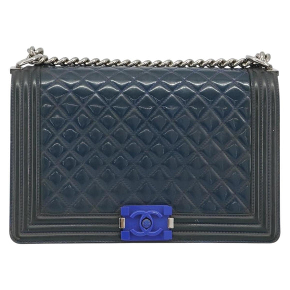 CHANEL Matelasse Boy Chanel Chain Bag Patent Leather Blue Silver CC Auth 193914