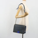CHANEL Matelasse Boy Chanel Chain Bag Patent Leather Blue Silver CC Auth 193914-25
