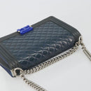 CHANEL Matelasse Boy Chanel Chain Bag Patent Leather Blue Silver CC Auth 193914-6