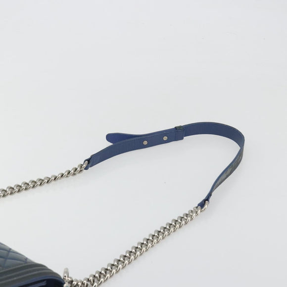 CHANEL Matelasse Boy Chanel Chain Bag Patent Leather Blue Silver CC Auth 193914