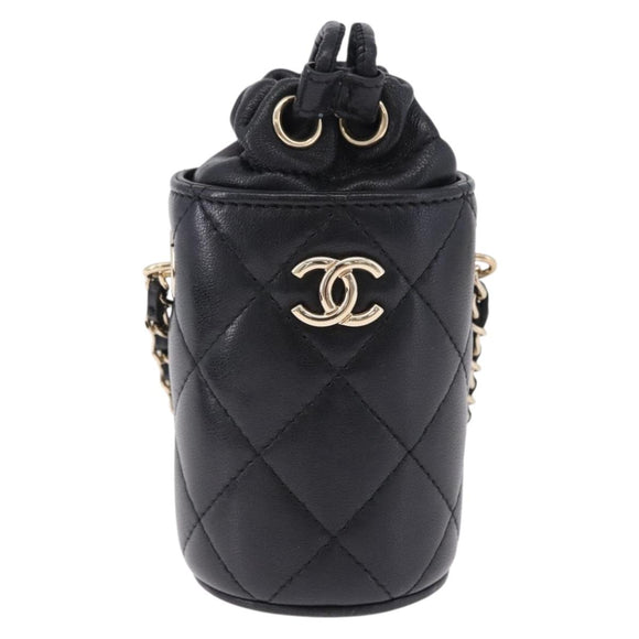 CHANEL Matelasse Chain Shoulder Pouch Lamb Skin Black Gold CC Auth 193920SAM