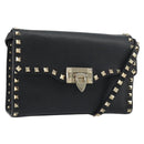 VALENTINO Studs Shoulder Bag Leather Black Gold Auth 193963A-1