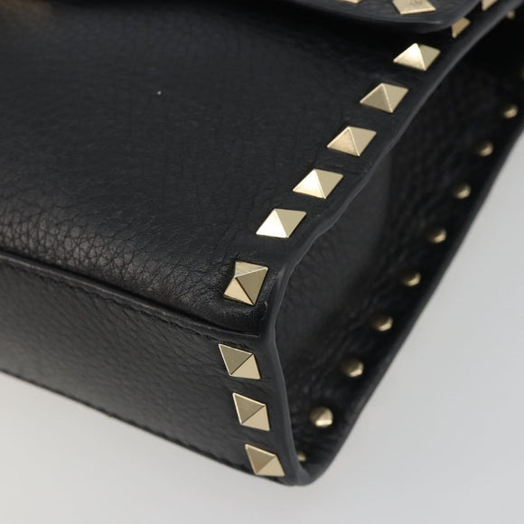 VALENTINO Studs Shoulder Bag Leather Black Gold Auth 193963A