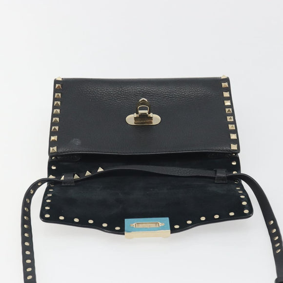 VALENTINO Studs Shoulder Bag Leather Black Gold Auth 193963A