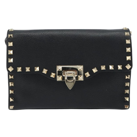 VALENTINO Studs Shoulder Bag Leather Black Gold Auth 193963A