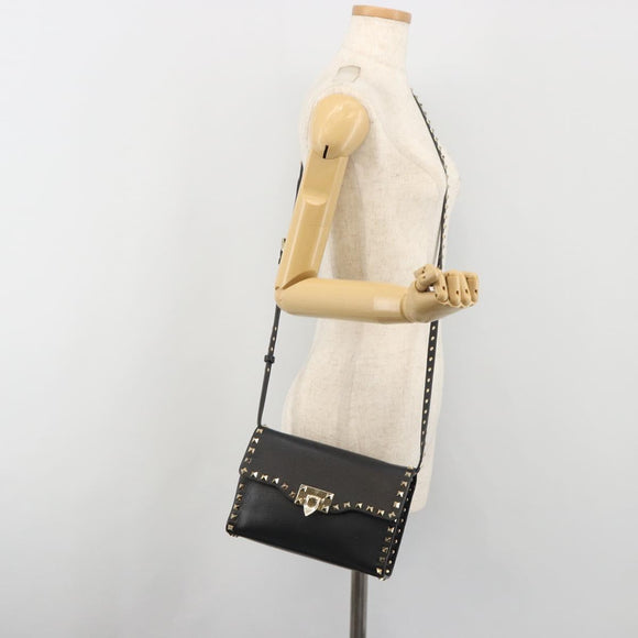 VALENTINO Studs Shoulder Bag Leather Black Gold Auth 193963A