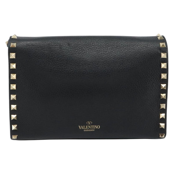 VALENTINO Studs Shoulder Bag Leather Black Gold Auth 193963A