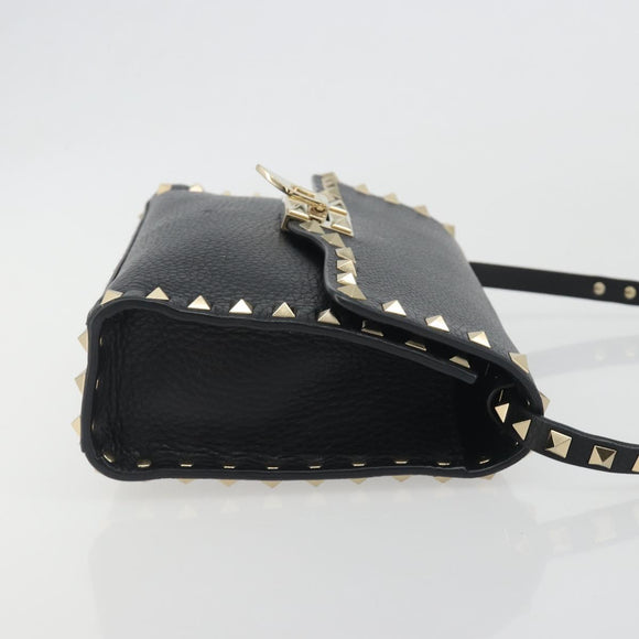 VALENTINO Studs Shoulder Bag Leather Black Gold Auth 193963A