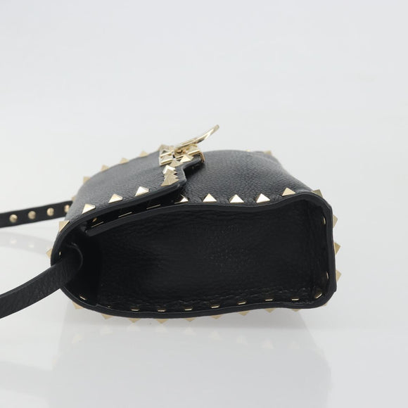 VALENTINO Studs Shoulder Bag Leather Black Gold Auth 193963A