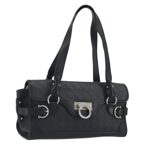 Salvatore Ferragamo Gancini Shoulder Bag Leather Black Silver Auth 193966A