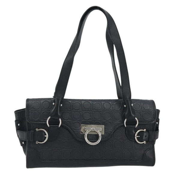 Salvatore Ferragamo Gancini Shoulder Bag Leather Black Silver Auth 193966A