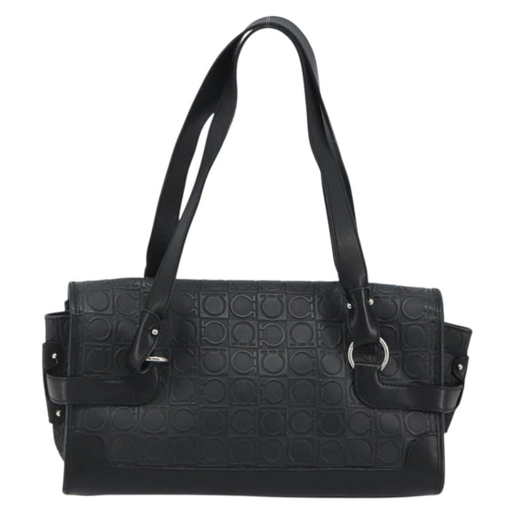 Salvatore Ferragamo Gancini Shoulder Bag Leather Black Silver Auth 193966A