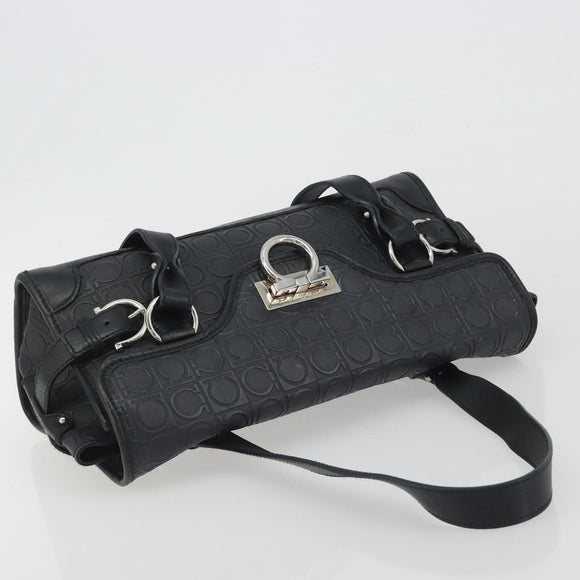 Salvatore Ferragamo Gancini Shoulder Bag Leather Black Silver Auth 193966A