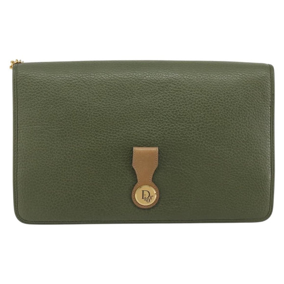 Christian Dior Chain Shoulder Bag Leather Green Gold Auth 193969