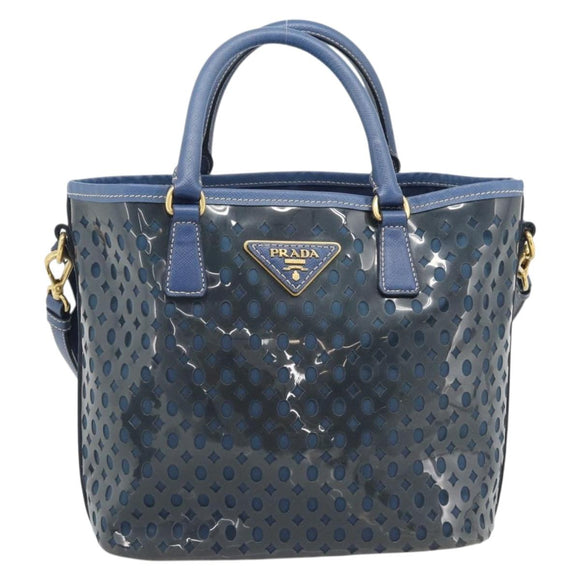 PRADA Hand Bag Vinyl 2way Blue Gold Auth 193975