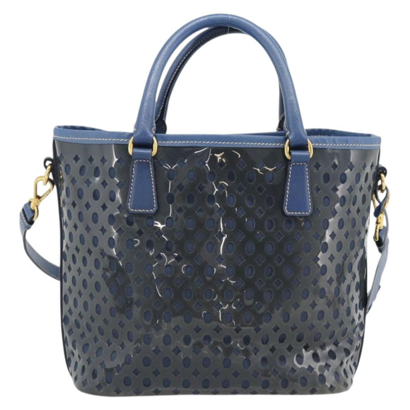 PRADA Hand Bag Vinyl 2way Blue Gold Auth 193975