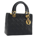 Christian Dior Canage Hand Bag Lamb Skin Black Gold Auth 193978A-1