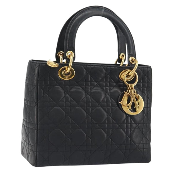 Christian Dior Canage Hand Bag Lamb Skin Black Gold Auth 193978A