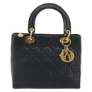 Christian Dior Canage Hand Bag Lamb Skin Black Gold Auth 193978A-2