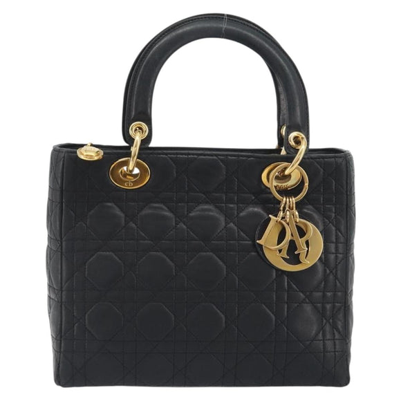 Christian Dior Canage Hand Bag Lamb Skin Black Gold Auth 193978A