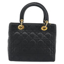 Christian Dior Canage Hand Bag Lamb Skin Black Gold Auth 193978A-3