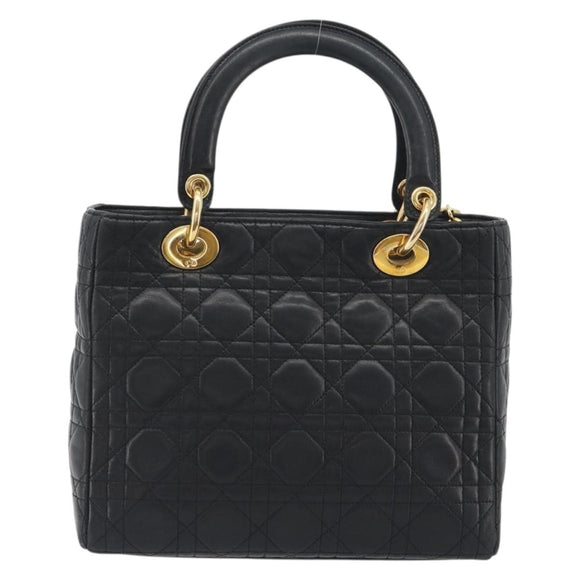 Christian Dior Canage Hand Bag Lamb Skin Black Gold Auth 193978A