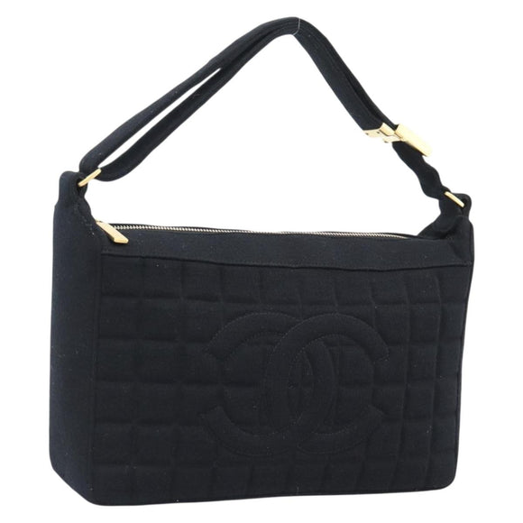 CHANEL Choco Bar Hand Bag Cotton Black Gold CC Auth 194003A