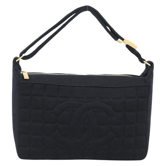 CHANEL Choco Bar Hand Bag Cotton Black Gold CC Auth 194003A