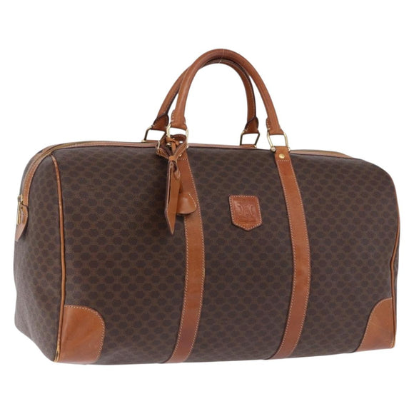 CELINE Macadam Canvas Boston Bag PVC Leather Brown Gold Auth 194032