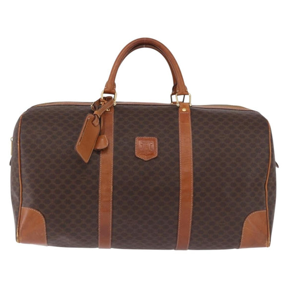 CELINE Macadam Canvas Boston Bag PVC Leather Brown Gold Auth 194032